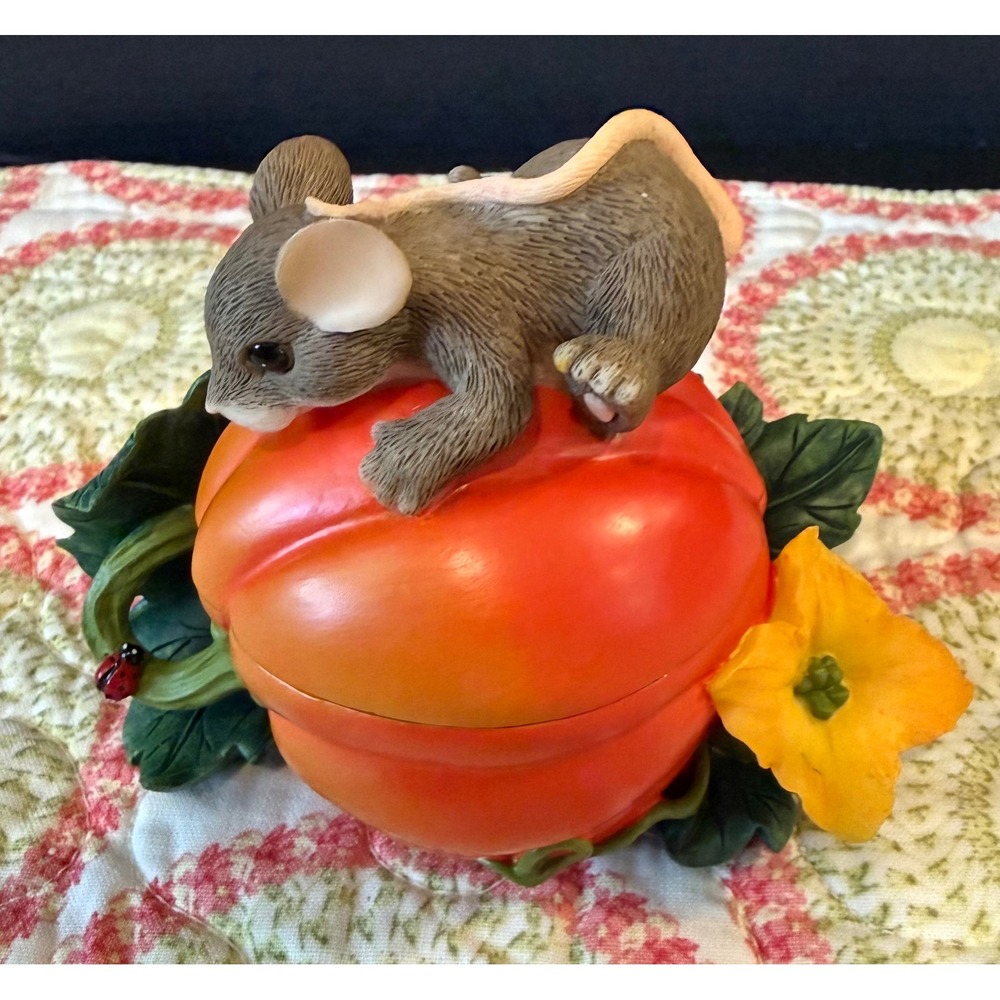 Fitz Floyd Charming Tails Pumpkin Harvest Lidded‎ Trinket Box Mouse 93/110